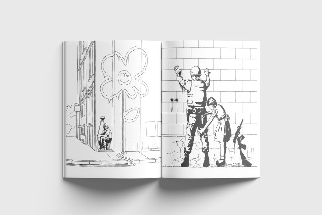 Open book showing black and white illustrations of a character in a bathroom.