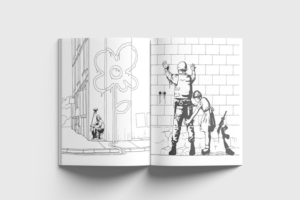 Open book showing black and white illustrations of a character in a bathroom.