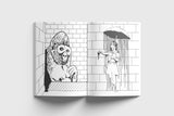Open book showing black and white illustrations of a gorilla and a woman with an umbrella.