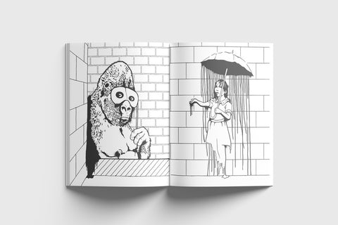 Open book showing black and white illustrations of a gorilla and a woman with an umbrella.