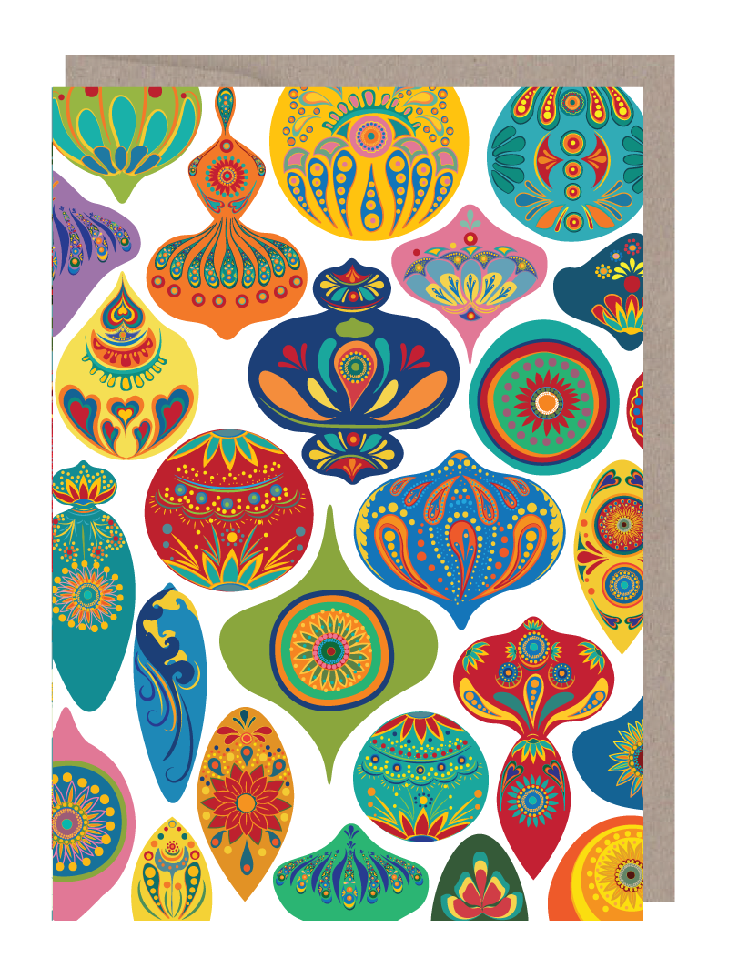A colourful card with Christmas baubles