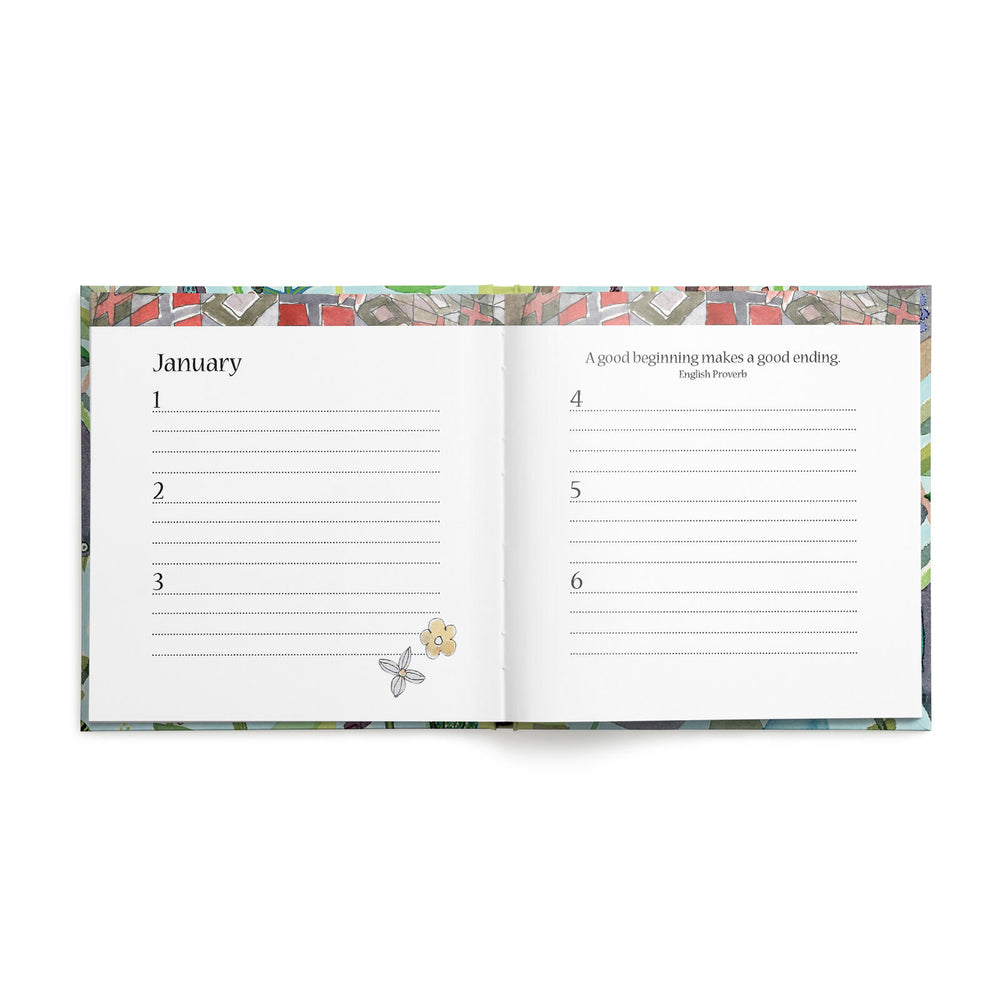 Open pages of a book with illustrated edges and lines for January