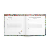 Open pages of a book with illustrated edges and lines for January