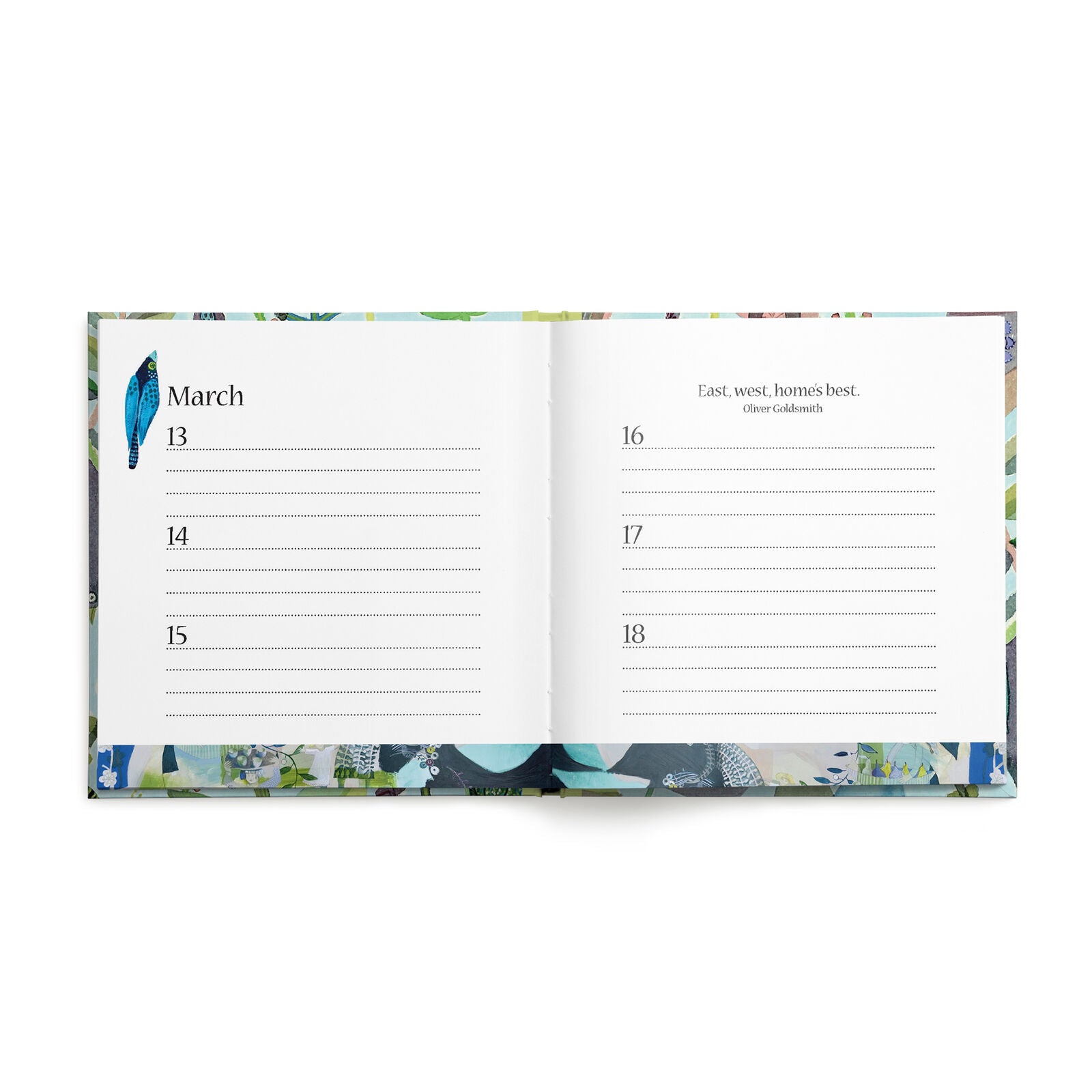 Open pages of a book with illustrated edges and lines for March