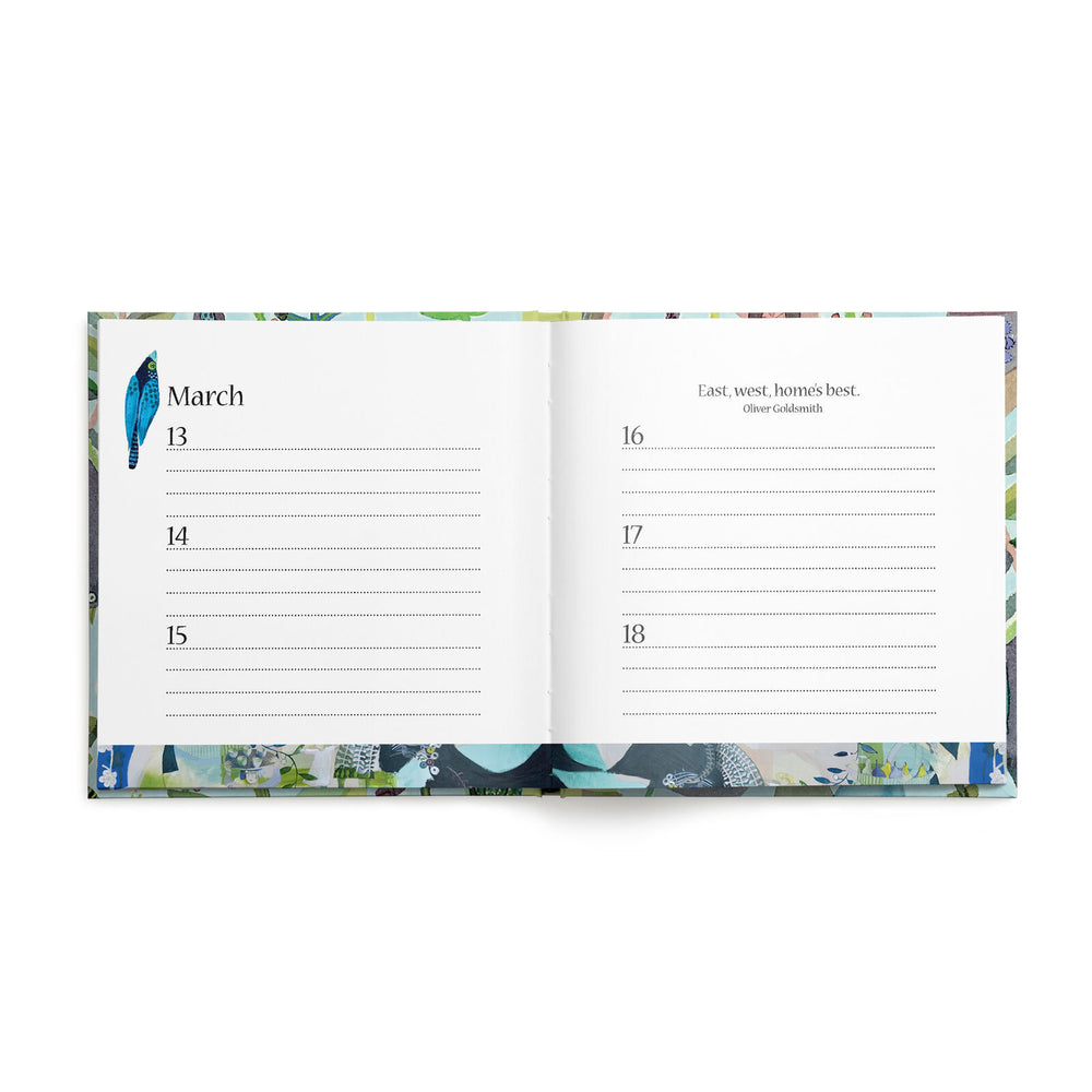 Open pages of a book with illustrated edges and lines for March