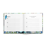 Open pages of a book with illustrated edges and lines for March