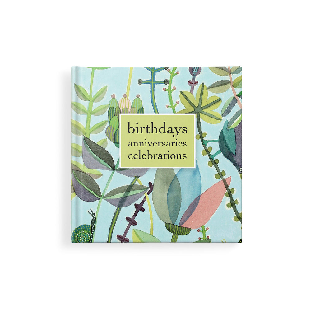 Small square book with flowers on a blue background and the words birthdays anniversaries celebrations