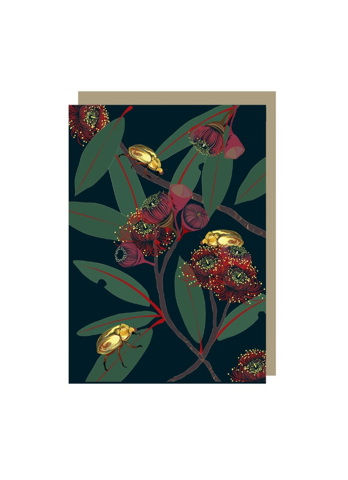 Black card with red blossom, green leaves and gold beetles.