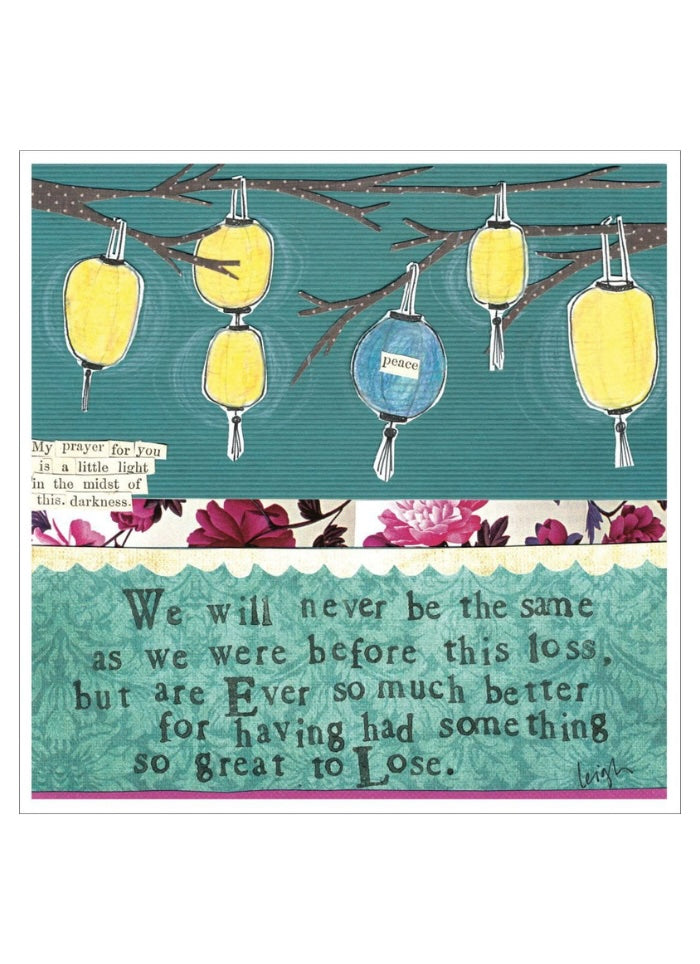 Art print with lanterns and a quote on a teal background