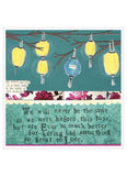 Art print with lanterns and a quote on a teal background