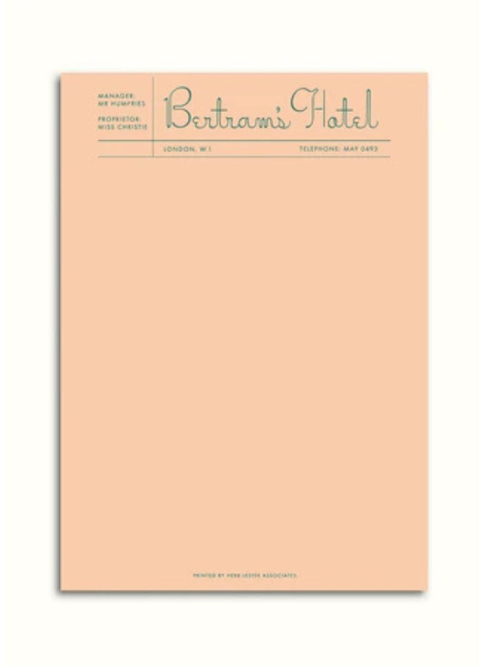 Notepad with 'Bertram's Hotel' branding on a white background