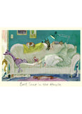 Cartoon-style illustration of a couch with animals on it, labeled 'Best Seat in the House'.