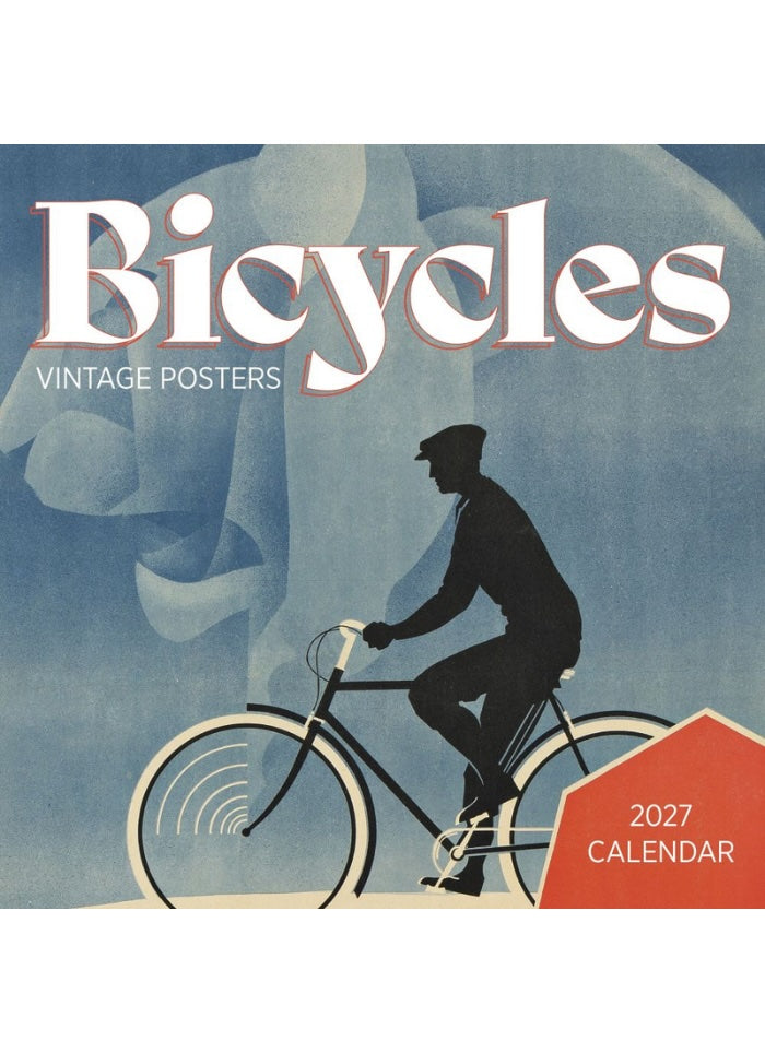 Calendar cover with vintage-style illustration of a cyclist and text 'Bicycles Vintage Posters 2027 Calendar'.