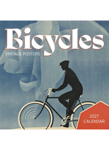 Calendar cover with vintage-style illustration of a cyclist and text 'Bicycles Vintage Posters 2027 Calendar'.