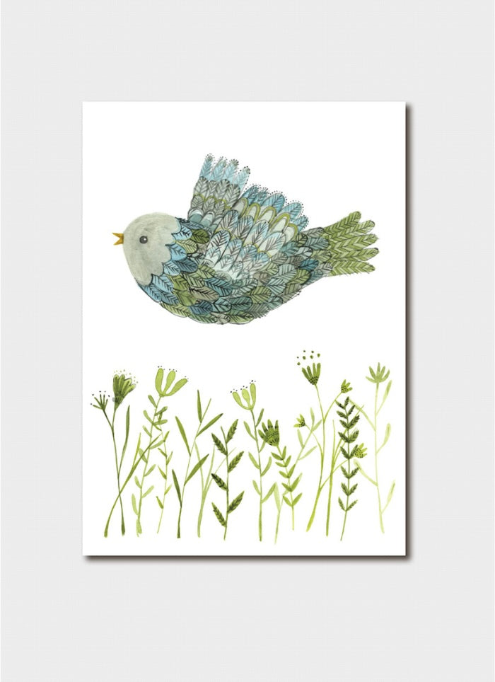 Artists drawing of a bird flying above greenery.