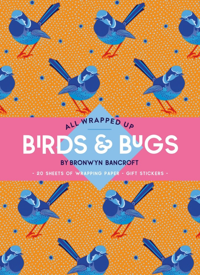 Packaging of 'All Wrapped Up Birds & Bugs' by Bronwyn Bancroft with blue birds on orange background