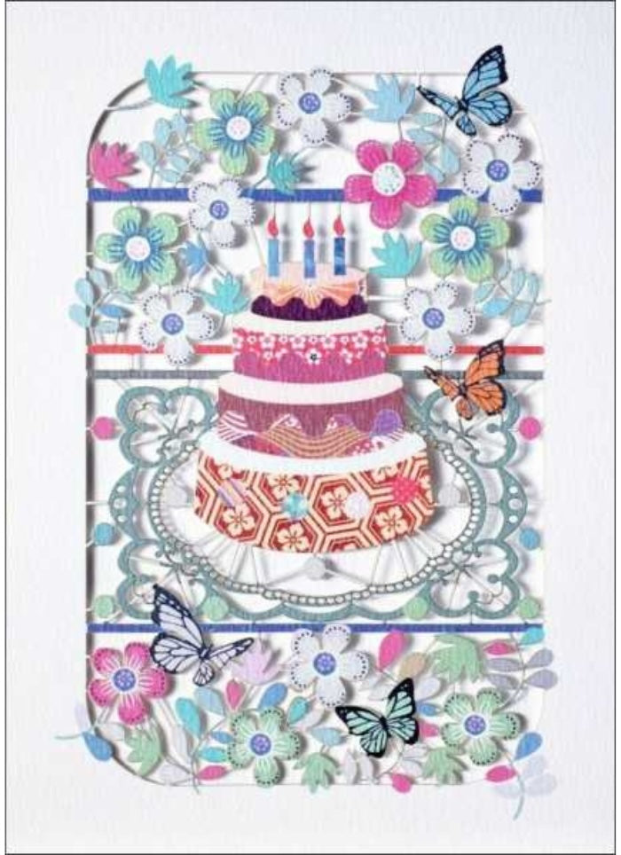 Colorful birthday cake illustration with flowers and butterflies on a white background