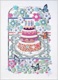 Colorful birthday cake illustration with flowers and butterflies on a white background