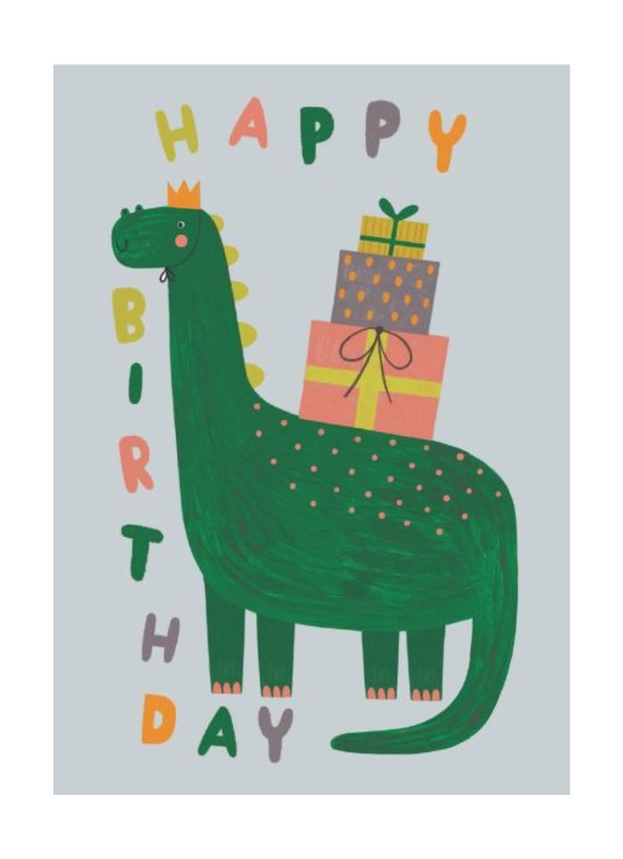 Birthday card with a green dinosaur holding presents and colorful text on a light blue background