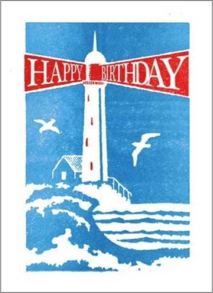 Blue background with a white lighthouse and Happy Birthday written in white on a red background.