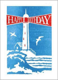 Blue background with a white lighthouse and Happy Birthday written in white on a red background.