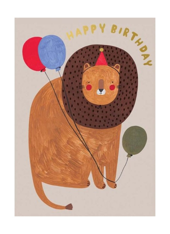 Picture of a ber in a lion outfit holding balloons. Says Happy Birthday