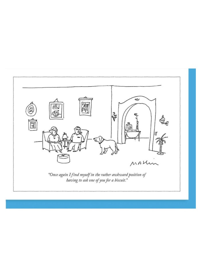 Cartoon on a card with a dog looking at 2 people seated on lounge chairs.