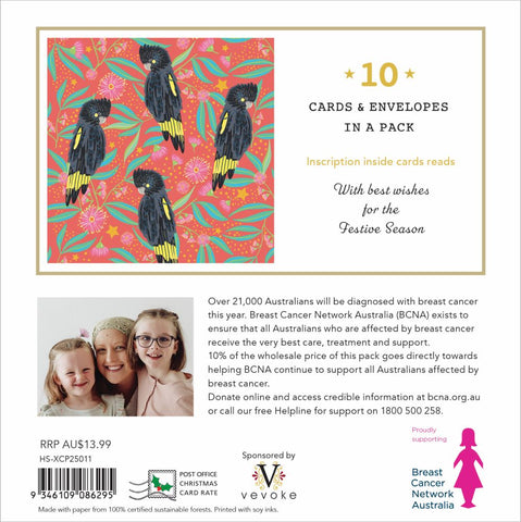Card packaging with illustrations of birds and text about Breast Cancer Network Australia on a white background.