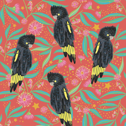 Pattern of black and yellow parrots on a red background with flowers and leaves.