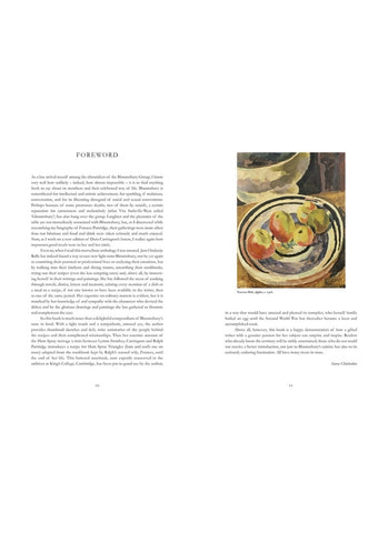 Internal pages of the book The Bloomsbury Cookbook. One page has text and the other text and a still life painting of a bowl of fruit.