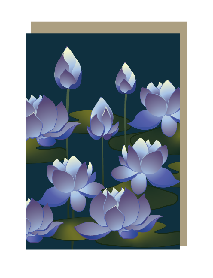 Greeting card with purple lotus flowers on a dark blue background