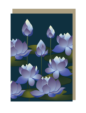 Greeting card with purple lotus flowers on a dark blue background