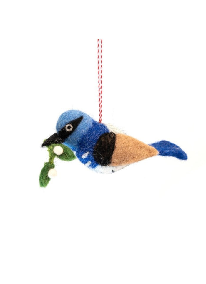 Felted bird ornament with blue and brown colors on a white background