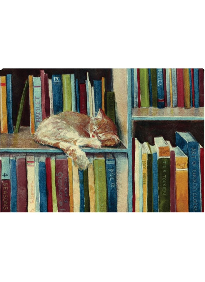 Bookshelf kitten art card by Sarah Mac.