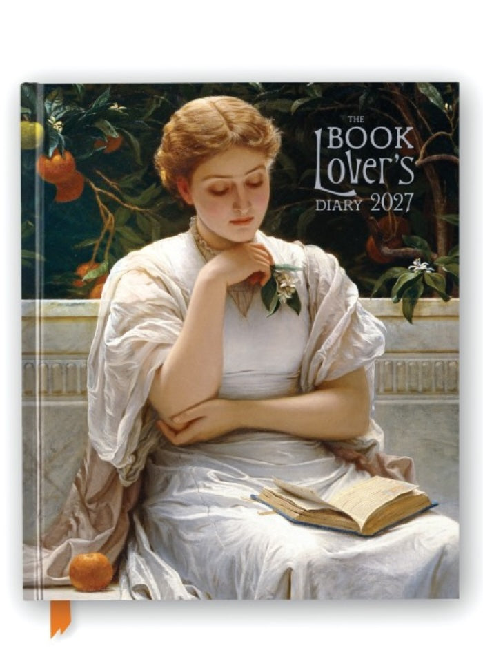 Diary cover with an illustration of a woman in a white dress holding a book, titled 'The Book Lover's Diary 2027'.