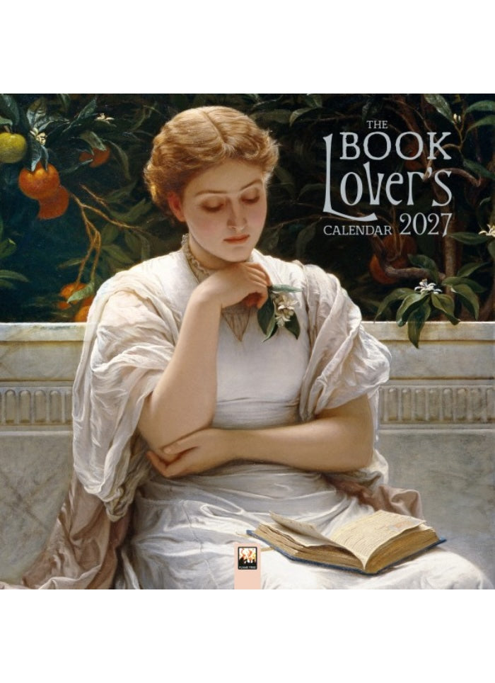 Calendar cover featuring a woman reading a book with decorative elements and 'The Book Lover's' branding.