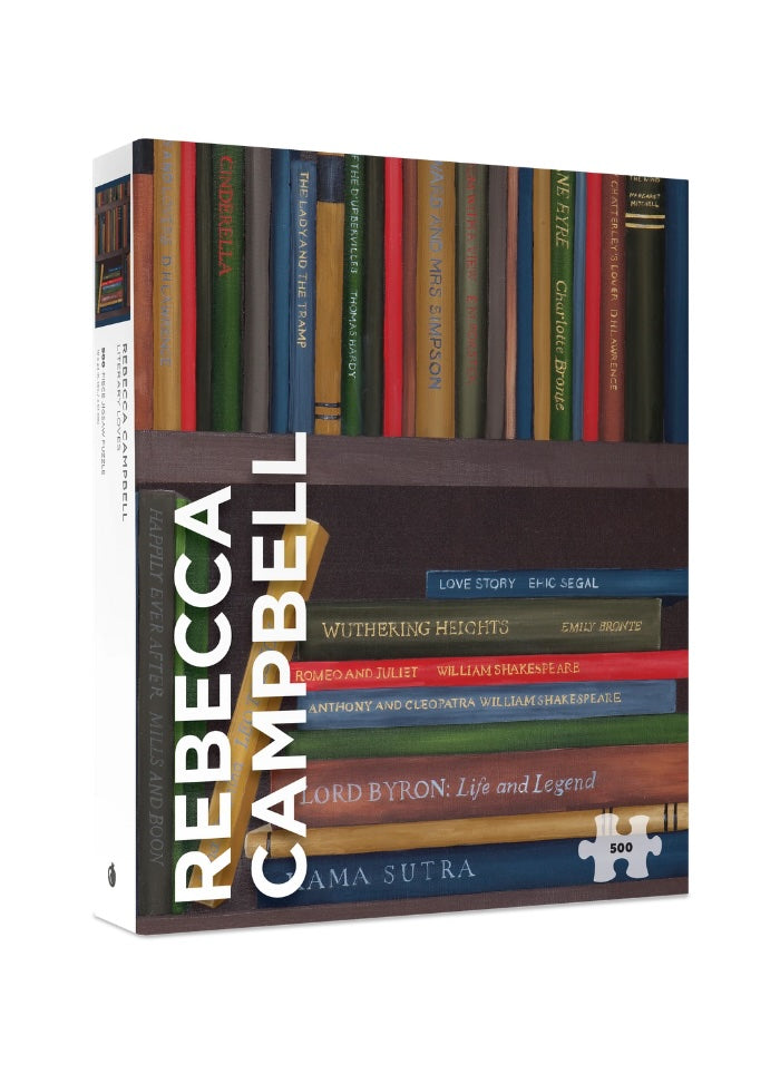 Bookshelf puzzle cover with various books on a white background