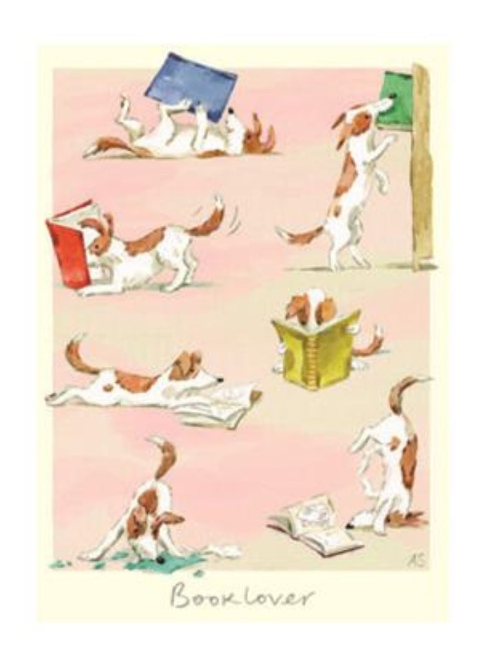 Illustration of a dog in various poses with books, labeled 'Booklover', on a pink background.