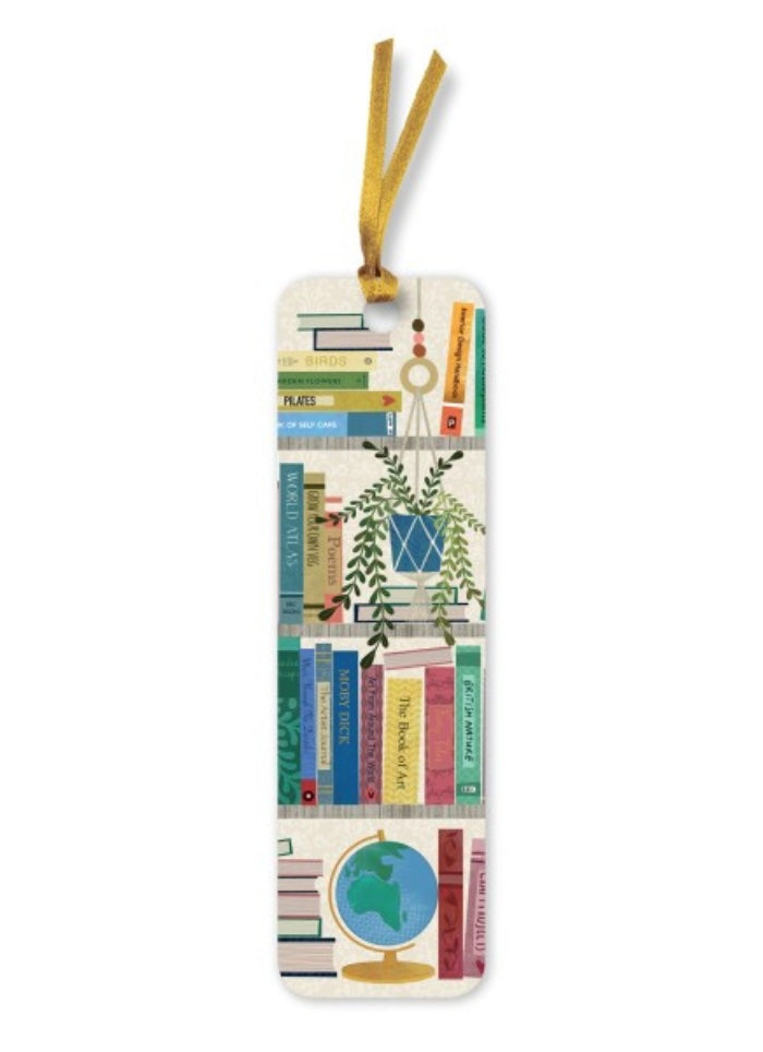 Decorative bookmark with bookshelf design on a white background