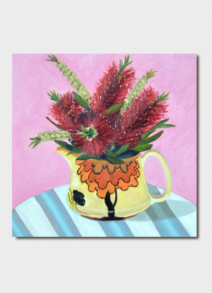 Painting of a yellow teapot with red flowers on a pink background