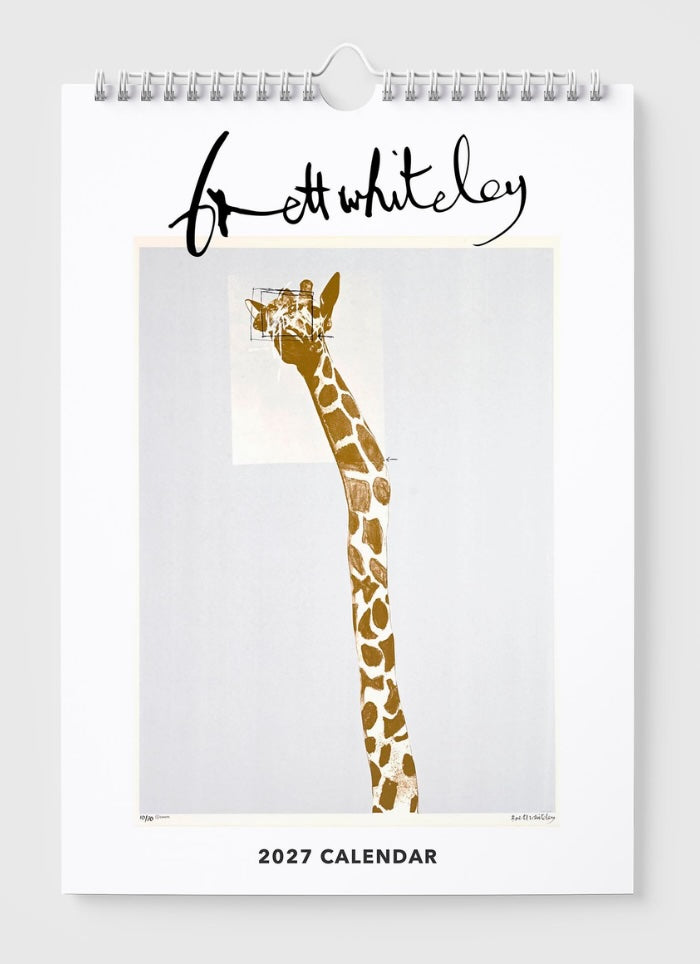 Calendar with a giraffe illustration and 'Brett Whiteley' branding on a white background