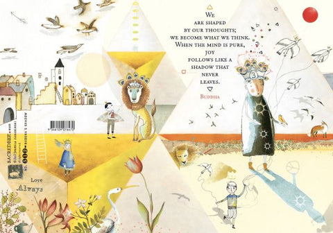 Illustrated book cover with characters and text, featuring a child, lion, and castle.