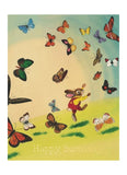 Picture of a bunny in a red and yellow jumpsuit outfit, on a hill of grass surrounded by colourful butterflies.