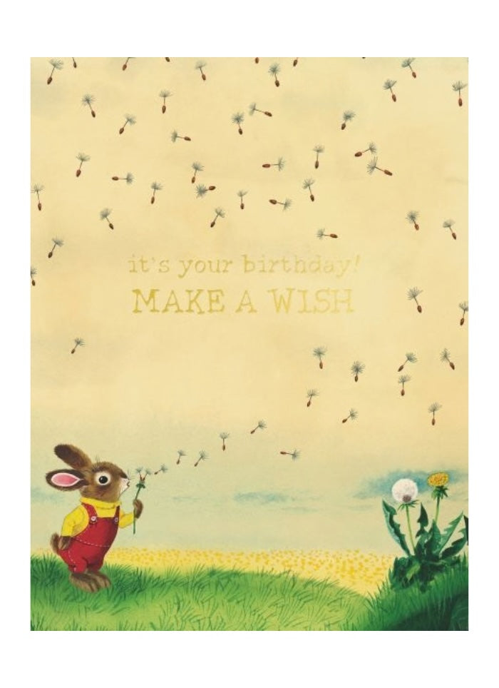 Birthday card with a rabbit holding a dandelion, text 'it's your birthday! MAKE A WISH', and dandelions on a yellow background.
