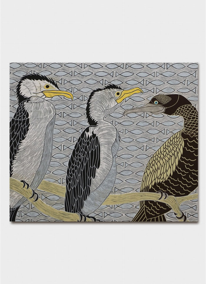 Three stylized birds on a branch with a geometric fish pattern in the background