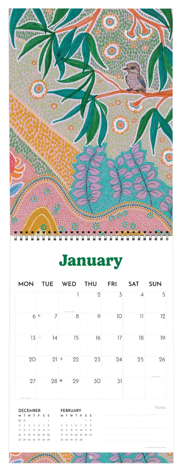 Calendar for January with a colorful design featuring plants and a bird.