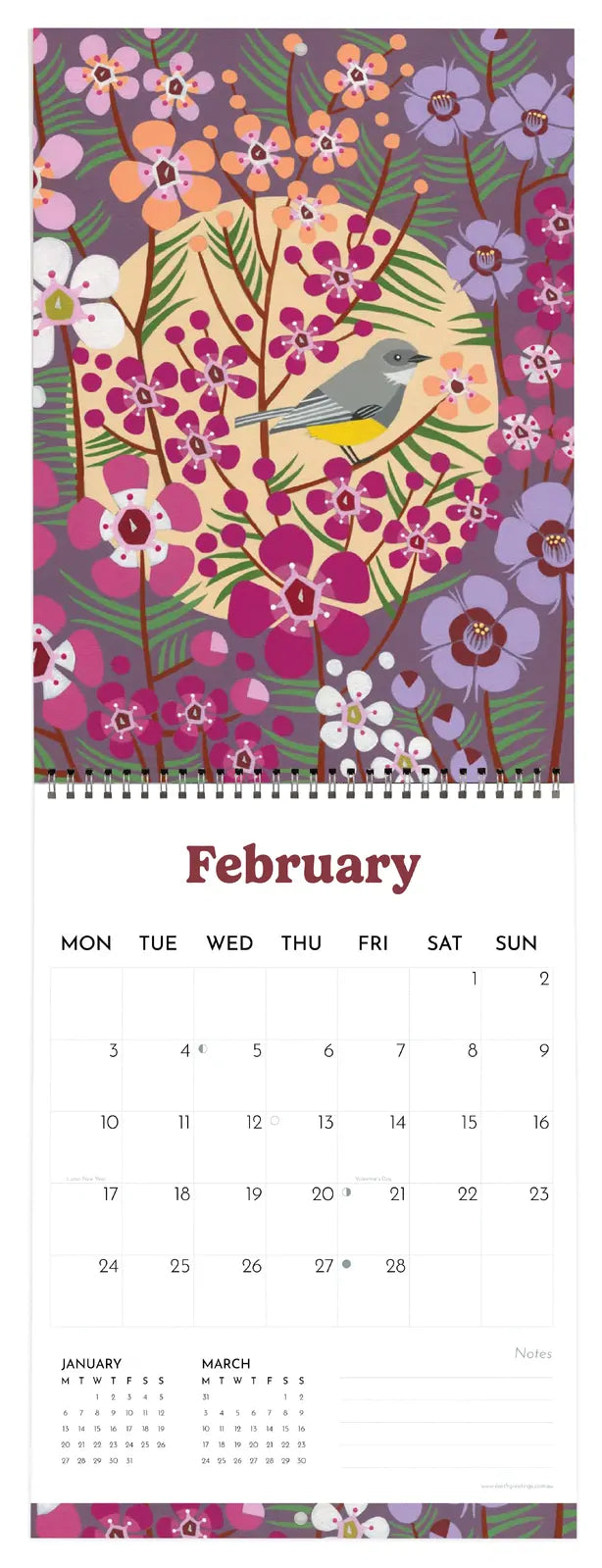 February page with puple flowers and a bird with a moon behind.
