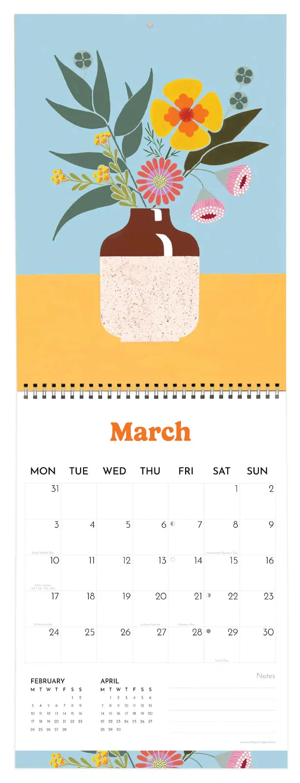 Calendar for March with a vase of flowers on a blue background