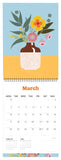 Calendar for March with a vase of flowers on a blue background