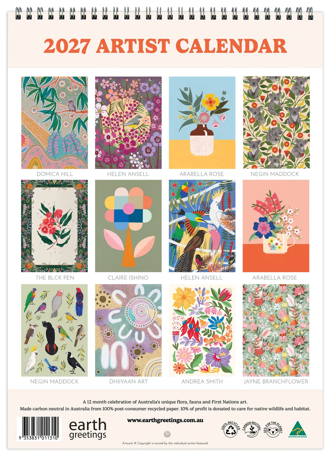 2027 Artist Calendar with colorful floral and nature-themed designs on a white background.